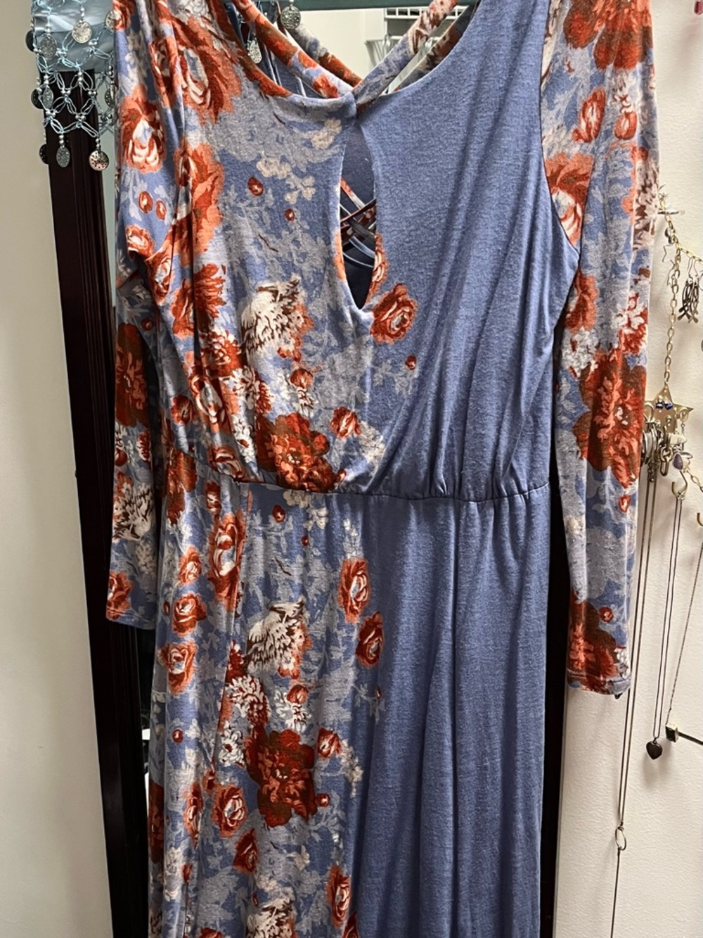 Floral Long-Sleeve Maxi Dress in Dusty Blue and Florals